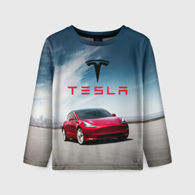 Детский лонгслив 3D с принтом Tesla Model 3 в Петрозаводске, 100% полиэстер | длинные рукава, круглый вырез горловины, полуприлегающий силуэт
 | 3 | america | auto | car | electric | elon | model | motors | musk | tesla | usa | vehicle | авто | америка | илон | маск | модель | сша | тесла | электромобиль
