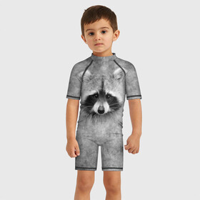 Детский купальный костюм 3D с принтом Енот в Петрозаводске, Полиэстер 85%, Спандекс 15% | застежка на молнии на спине | animal | raccoon | енот | животное | животные | зверь | хищник