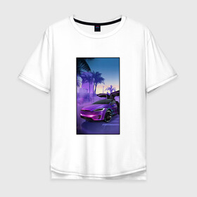Мужская футболка хлопок Oversize с принтом Тесла в фиолетовом закате в Петрозаводске, 100% хлопок | свободный крой, круглый ворот, “спинка” длиннее передней части | арт | закат | иллюстрация | машина | пальмы | тень | тесла | фиолетовый | фотошоп