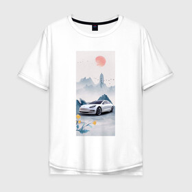 Мужская футболка хлопок Oversize с принтом Тесла в японском стиле в Петрозаводске, 100% хлопок | свободный крой, круглый ворот, “спинка” длиннее передней части | белый | горы | красный | машина | птицы | синий | солнце | тесла | фотошоп | цветы | япония