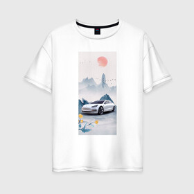 Женская футболка хлопок Oversize с принтом Тесла в японском стиле в Петрозаводске, 100% хлопок | свободный крой, круглый ворот, спущенный рукав, длина до линии бедер
 | белый | горы | красный | машина | птицы | синий | солнце | тесла | фотошоп | цветы | япония