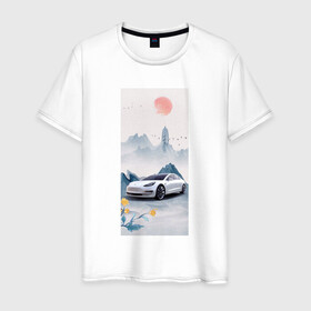 Мужская футболка хлопок с принтом Тесла в японском стиле в Петрозаводске, 100% хлопок | прямой крой, круглый вырез горловины, длина до линии бедер, слегка спущенное плечо. | белый | горы | красный | машина | птицы | синий | солнце | тесла | фотошоп | цветы | япония