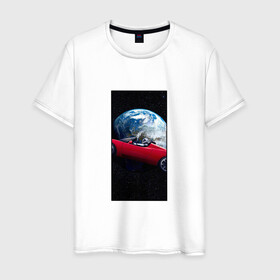 Мужская футболка хлопок с принтом Тесла в космосе в Петрозаводске, 100% хлопок | прямой крой, круглый вырез горловины, длина до линии бедер, слегка спущенное плечо. | Тематика изображения на принте: звезды | земля | космонавт | космос | красный | машина | облака | тесла