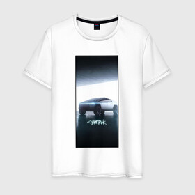 Мужская футболка хлопок с принтом Кибертрак в Петрозаводске, 100% хлопок | прямой крой, круглый вырез горловины, длина до линии бедер, слегка спущенное плечо. | будущее | гараж | иллюстрация | кибертрак | машина | тень | тесла | фары | фотошоп