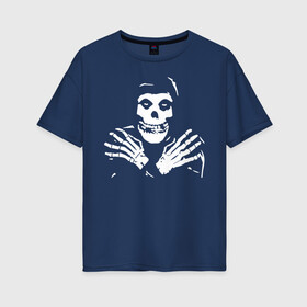 Женская футболка хлопок Oversize с принтом Misfits logo в Петрозаводске, 100% хлопок | свободный крой, круглый ворот, спущенный рукав, длина до линии бедер
 | bones | death | group | guitar | logotype | misfits | rock | skeletone | skull | teeth | гитара | группа | зубы | кости | лого | мисфитс | неприкачнные | отбросы | рок | скелет | череп