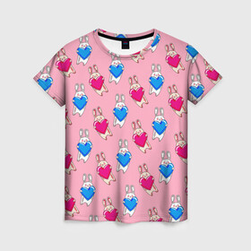 Женская футболка 3D с принтом Love Bunny в Петрозаводске, 100% полиэфир ( синтетическое хлопкоподобное полотно) | прямой крой, круглый вырез горловины, длина до линии бедер | 14 февраля | baby | bunny | kawaii | love | love is | love you | rabbit | валентинка | влюбленные | девушка | жена | животные | зайчики | заяц | игрушка | кавайный | кролик | лучшая | любимая | люблю | любовь | малыш | подарок