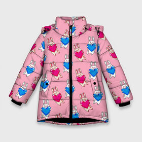 Зимняя куртка для девочек 3D с принтом Love Bunny в Петрозаводске, ткань верха — 100% полиэстер; подклад — 100% полиэстер, утеплитель — 100% полиэстер. | длина ниже бедра, удлиненная спинка, воротник стойка и отстегивающийся капюшон. Есть боковые карманы с листочкой на кнопках, утяжки по низу изделия и внутренний карман на молнии. 

Предусмотрены светоотражающий принт на спинке, радужный светоотражающий элемент на пуллере молнии и на резинке для утяжки. | 14 февраля | baby | bunny | kawaii | love | love is | love you | rabbit | валентинка | влюбленные | девушка | жена | животные | зайчики | заяц | игрушка | кавайный | кролик | лучшая | любимая | люблю | любовь | малыш | подарок