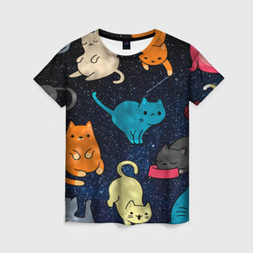 Женская футболка 3D с принтом Космические котики в Петрозаводске, 100% полиэфир ( синтетическое хлопкоподобное полотно) | прямой крой, круглый вырез горловины, длина до линии бедер | cat | cats | cosmos | kitten | mem | memes | rose | roses | глаза | глазки | киска | космос | кот | котёнок | котик | котики | котэ | котята | кошак | кошка | кошки | красивая | мем | мемчики | милая | прикольная | розы | светлая