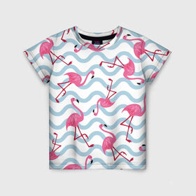 Детская футболка 3D с принтом Фламинго | Волны в Петрозаводске, 100% гипоаллергенный полиэфир | прямой крой, круглый вырез горловины, длина до линии бедер, чуть спущенное плечо, ткань немного тянется | birds | drawing | fashion | feathers | flamingo | graphics | illustration | pink | stand | style | wings | youth | графика | иллюстрация | картинка | клюв | красивые | крылья | мода | молодежная | перья | птицы | рисунок | розовый | стиль | стоят