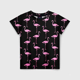 Детская футболка 3D с принтом Фламинго | Чёрная в Петрозаводске, 100% гипоаллергенный полиэфир | прямой крой, круглый вырез горловины, длина до линии бедер, чуть спущенное плечо, ткань немного тянется | birds | drawing | fashion | feathers | flamingo | graphics | illustration | pink | stand | style | wings | youth | графика | иллюстрация | картинка | клюв | красивые | крылья | мода | молодежная | перья | птицы | рисунок | розовый | стиль | стоят