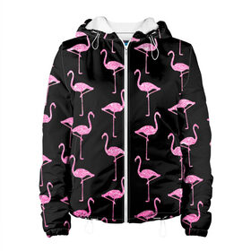 Женская куртка 3D с принтом Фламинго | Чёрная в Петрозаводске, ткань верха — 100% полиэстер, подклад — флис | прямой крой, подол и капюшон оформлены резинкой с фиксаторами, два кармана без застежек по бокам, один большой потайной карман на груди. Карман на груди застегивается на липучку | birds | drawing | fashion | feathers | flamingo | graphics | illustration | pink | stand | style | wings | youth | графика | иллюстрация | картинка | клюв | красивые | крылья | мода | молодежная | перья | птицы | рисунок | розовый | стиль | стоят