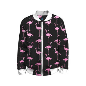 Детский бомбер 3D с принтом Фламинго | Чёрная в Петрозаводске, 100% полиэстер | застегивается на молнию, по бокам два кармана без застежек, мягкие манжеты, по низу бомбера и на воротнике — эластичная резинка | birds | drawing | fashion | feathers | flamingo | graphics | illustration | pink | stand | style | wings | youth | графика | иллюстрация | картинка | клюв | красивые | крылья | мода | молодежная | перья | птицы | рисунок | розовый | стиль | стоят