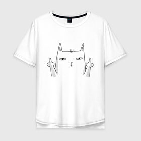 Мужская футболка хлопок Oversize с принтом Fuck You в Петрозаводске, 100% хлопок | свободный крой, круглый ворот, “спинка” длиннее передней части | animal | art | cat | gesture | арт | жест | животное | кот