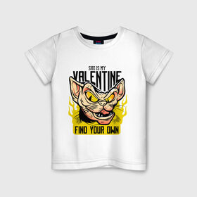 Детская футболка хлопок с принтом She Is My Valentine в Петрозаводске, 100% хлопок | круглый вырез горловины, полуприлегающий силуэт, длина до линии бедер | art | cat | fire | love | valentine | valentines day | арт | валентинка | день влюбленных | день святого валентина | кот | любовь | огонь