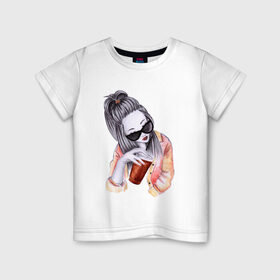 Детская футболка хлопок с принтом Девушка в Петрозаводске, 100% хлопок | круглый вырез горловины, полуприлегающий силуэт, длина до линии бедер | Тематика изображения на принте: жить в кайф | иллюстрация | кофейня | очки