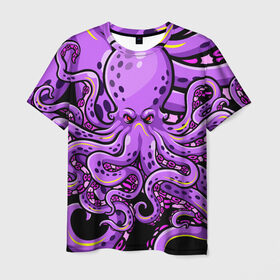 Мужская футболка 3D с принтом Кровожадный осьминог в Петрозаводске, 100% полиэфир | прямой крой, круглый вырез горловины, длина до линии бедер | art | octopus | арт | глаза | голова | животные | красные | монстр | осьминог | щупальца