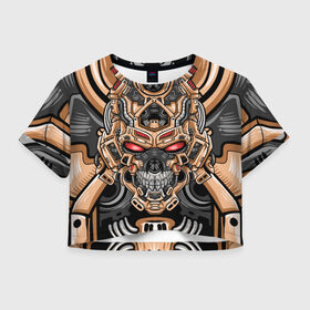 Женская футболка Crop-top 3D с принтом CyberSkull в Петрозаводске, 100% полиэстер | круглая горловина, длина футболки до линии талии, рукава с отворотами | cyberpunk | evil | head | mask | mechanical | rage | robot | skull | арт | гнев | голова | демон | дьявол | злой | киберпанк | маска | механический | монстр | робот | рога | самурай | череп