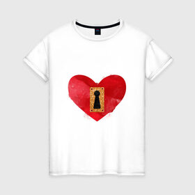 Женская футболка хлопок с принтом Замочек в Петрозаводске, 100% хлопок | прямой крой, круглый вырез горловины, длина до линии бедер, слегка спущенное плечо | акварель | девушка | замок.парные | любовь | сердце