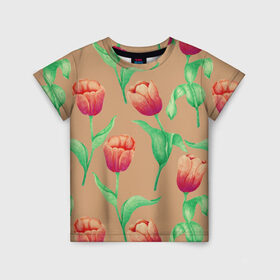 Детская футболка 3D с принтом Тюльпаны на бежевом фоне в Петрозаводске, 100% гипоаллергенный полиэфир | прямой крой, круглый вырез горловины, длина до линии бедер, чуть спущенное плечо, ткань немного тянется | 8 марта | flowers | march 8 | spring | ботаническая иллюстрация | весна | день рождения | зеленый | красный | лето | любовь | оранжевый | праздник | принт | природа | растения | тюльпаны | цветы