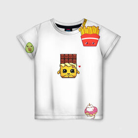 Детская футболка 3D с принтом Милая еда в Петрозаводске, 100% гипоаллергенный полиэфир | прямой крой, круглый вырез горловины, длина до линии бедер, чуть спущенное плечо, ткань немного тянется | авокадо | еда | единорог | картошка | милашки | шоколадка