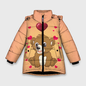 Зимняя куртка для девочек 3D с принтом Медвежонок в Петрозаводске, ткань верха — 100% полиэстер; подклад — 100% полиэстер, утеплитель — 100% полиэстер. | длина ниже бедра, удлиненная спинка, воротник стойка и отстегивающийся капюшон. Есть боковые карманы с листочкой на кнопках, утяжки по низу изделия и внутренний карман на молнии. 

Предусмотрены светоотражающий принт на спинке, радужный светоотражающий элемент на пуллере молнии и на резинке для утяжки. | Тематика изображения на принте: bear | day | heart | love | romantic | valentine | valentines | амур | валентина | влюбленные | влюбленных | всех | день | купидон | любовь | медведь | медвежонок | романтика | романтичность | святого | сердечки | сердечко