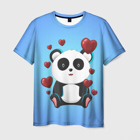 Мужская футболка 3D с принтом Панда в Петрозаводске, 100% полиэфир | прямой крой, круглый вырез горловины, длина до линии бедер | day | heart | love | panda | romantic | valentine | valentines | амур | валентина | влюбленные | влюбленных | всех | день | купидон | любовь | романтика | романтичность | святого | сердечки | сердечко | сердце