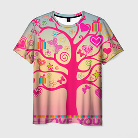 Мужская футболка 3D с принтом Дерево любви признание в Петрозаводске, 100% полиэфир | прямой крой, круглый вырез горловины, длина до линии бедер | бабочки | дерево | деревце | любовь | признание | розовый | романтика | сердечки | цветочки