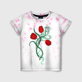 Детская футболка 3D с принтом Весенний вальс в Петрозаводске, 100% гипоаллергенный полиэфир | прямой крой, круглый вырез горловины, длина до линии бедер, чуть спущенное плечо, ткань немного тянется | Тематика изображения на принте: 8 марта | love | tulips | алые | бабушка | букет | бутоны | весна | девушке | дочь | жена | женщинам | красные цветы | лепестки | лето | листья | лучшая | любимая | любовь | мама | подарок | природа
