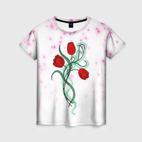 Женская футболка 3D с принтом Весенний вальс в Петрозаводске, 100% полиэфир ( синтетическое хлопкоподобное полотно) | прямой крой, круглый вырез горловины, длина до линии бедер | 8 марта | love | tulips | алые | бабушка | букет | бутоны | весна | девушке | дочь | жена | женщинам | красные цветы | лепестки | лето | листья | лучшая | любимая | любовь | мама | подарок | природа
