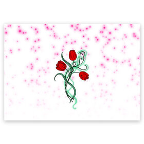 Поздравительная открытка с принтом Весенний вальс в Петрозаводске, 100% бумага | плотность бумаги 280 г/м2, матовая, на обратной стороне линовка и место для марки
 | 8 марта | love | tulips | алые | бабушка | букет | бутоны | весна | девушке | дочь | жена | женщинам | красные цветы | лепестки | лето | листья | лучшая | любимая | любовь | мама | подарок | природа