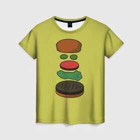 Женская футболка 3D с принтом Бургер в разборе в Петрозаводске, 100% полиэфир ( синтетическое хлопкоподобное полотно) | прямой крой, круглый вырез горловины, длина до линии бедер | Тематика изображения на принте: fastfood | food | pattern | бургер | бургер кинг | гамбургер | еда | макдональдс | паттерн | фастфуд