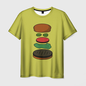 Мужская футболка 3D с принтом Бургер в разборе в Петрозаводске, 100% полиэфир | прямой крой, круглый вырез горловины, длина до линии бедер | Тематика изображения на принте: fastfood | food | pattern | бургер | бургер кинг | гамбургер | еда | макдональдс | паттерн | фастфуд