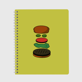Тетрадь с принтом Бургер в разборе в Петрозаводске, 100% бумага | 48 листов, плотность листов — 60 г/м2, плотность картонной обложки — 250 г/м2. Листы скреплены сбоку удобной пружинной спиралью. Уголки страниц и обложки скругленные. Цвет линий — светло-серый
 | fastfood | food | pattern | бургер | бургер кинг | гамбургер | еда | макдональдс | паттерн | фастфуд