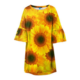 Детское платье 3D с принтом Принт подсолнухи желтый в Петрозаводске, 100% полиэстер | прямой силуэт, чуть расширенный к низу. Круглая горловина, на рукавах — воланы | желтый | лето | подсолнухи | солнце | цветение | цветы