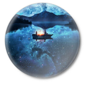 Значок с принтом пара на лодке на озере ночью в Петрозаводске,  металл | круглая форма, металлическая застежка в виде булавки | аниме | вдвоем | вместе | горы | двое | звезды | лодка | небо | ночь | озеро | пара | прогулка | река | рисунок | романтика | свидание