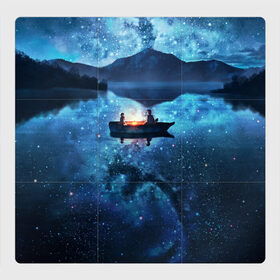 Магнитный плакат 3Х3 с принтом пара на лодке на озере ночью в Петрозаводске, Полимерный материал с магнитным слоем | 9 деталей размером 9*9 см | аниме | вдвоем | вместе | горы | двое | звезды | лодка | небо | ночь | озеро | пара | прогулка | река | рисунок | романтика | свидание