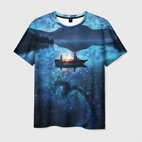 Мужская футболка 3D с принтом пара на лодке на озере ночью в Петрозаводске, 100% полиэфир | прямой крой, круглый вырез горловины, длина до линии бедер | аниме | вдвоем | вместе | горы | двое | звезды | лодка | небо | ночь | озеро | пара | прогулка | река | рисунок | романтика | свидание