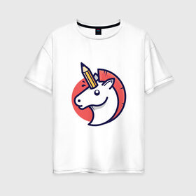 Женская футболка хлопок Oversize с принтом Единорог с карандашом в Петрозаводске, 100% хлопок | свободный крой, круглый ворот, спущенный рукав, длина до линии бедер
 | horse | pegasus | pencil | unicorn | единорог | карандаш | конь | лошадь | пегас