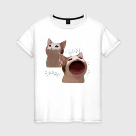 Женская футболка хлопок с принтом Cat Pop - Мем в Петрозаводске, 100% хлопок | прямой крой, круглый вырез горловины, длина до линии бедер, слегка спущенное плечо | Тематика изображения на принте: art | cat | mem | meme | memes | music | pop | retro | style | арт | буп | кот | котенок | котик | котэ | мем | мемы | музыка | ретро