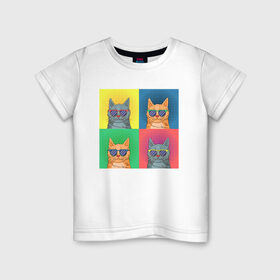 Детская футболка хлопок с принтом Pop Cat в Петрозаводске, 100% хлопок | круглый вырез горловины, полуприлегающий силуэт, длина до линии бедер | Тематика изображения на принте: art | cat | colorful | mem | meme | memes | music | pop | rainbow | retro | style | арт | буп | кот | котенок | котик | котэ | краски | красочный | мем | мемы | музыка | ретро