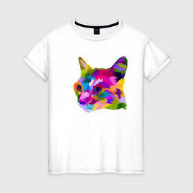 Женская футболка хлопок с принтом Pop Cat в Петрозаводске, 100% хлопок | прямой крой, круглый вырез горловины, длина до линии бедер, слегка спущенное плечо | art | cat | colorful | mem | meme | memes | music | pop | rainbow | retro | style | арт | буп | кот | котенок | котик | котэ | краски | красочный | мем | мемы | музыка | ретро