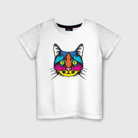 Детская футболка хлопок с принтом Pop Cat в Петрозаводске, 100% хлопок | круглый вырез горловины, полуприлегающий силуэт, длина до линии бедер | art | cat | colorful | mem | meme | memes | music | pop | rainbow | retro | style | арт | буп | кот | котенок | котик | котэ | краски | красочный | мем | мемы | музыка | ретро