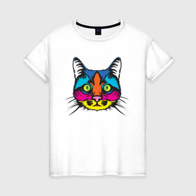 Женская футболка хлопок с принтом Pop Cat в Петрозаводске, 100% хлопок | прямой крой, круглый вырез горловины, длина до линии бедер, слегка спущенное плечо | art | cat | colorful | mem | meme | memes | music | pop | rainbow | retro | style | арт | буп | кот | котенок | котик | котэ | краски | красочный | мем | мемы | музыка | ретро