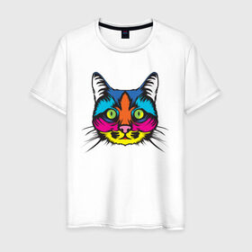 Мужская футболка хлопок с принтом Pop Cat в Петрозаводске, 100% хлопок | прямой крой, круглый вырез горловины, длина до линии бедер, слегка спущенное плечо. | art | cat | colorful | mem | meme | memes | music | pop | rainbow | retro | style | арт | буп | кот | котенок | котик | котэ | краски | красочный | мем | мемы | музыка | ретро