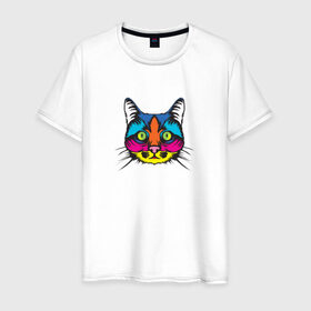Мужская футболка хлопок с принтом Pop art Cat в Петрозаводске, 100% хлопок | прямой крой, круглый вырез горловины, длина до линии бедер, слегка спущенное плечо. | Тематика изображения на принте: art | cat | colors | paints | pop | riot | арт | буйство | буп | кот | кошка | краски | поп