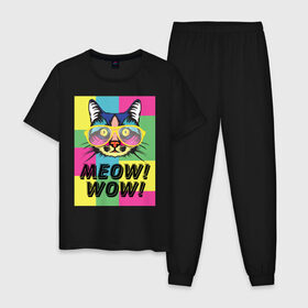 Мужская пижама хлопок с принтом Pop Cat | Meow Wow! в Петрозаводске, 100% хлопок | брюки и футболка прямого кроя, без карманов, на брюках мягкая резинка на поясе и по низу штанин
 | Тематика изображения на принте: cat | kitty | meow | popcat | wow | кот | кошка | мяв | мяу | поп кет | поп кошка