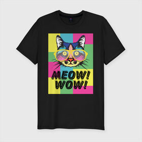 Мужская футболка хлопок Slim с принтом Pop Cat | Meow Wow! в Петрозаводске, 92% хлопок, 8% лайкра | приталенный силуэт, круглый вырез ворота, длина до линии бедра, короткий рукав | cat | kitty | meow | popcat | wow | кот | кошка | мяв | мяу | поп кет | поп кошка