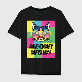 Мужская футболка хлопок Oversize с принтом Pop Cat | Meow Wow! в Петрозаводске, 100% хлопок | свободный крой, круглый ворот, “спинка” длиннее передней части | Тематика изображения на принте: cat | kitty | meow | popcat | wow | кот | кошка | мяв | мяу | поп кет | поп кошка