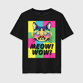 Женская футболка хлопок Oversize с принтом Pop Cat | Meow Wow! в Петрозаводске,  |  | Тематика изображения на принте: 