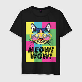 Мужская футболка хлопок с принтом Pop Cat | Meow Wow! в Петрозаводске, 100% хлопок | прямой крой, круглый вырез горловины, длина до линии бедер, слегка спущенное плечо. | Тематика изображения на принте: cat | kitty | meow | popcat | wow | кот | кошка | мяв | мяу | поп кет | поп кошка